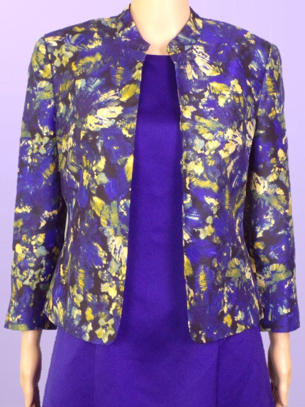 KASPER size 8 violet/green/yellow/black floral satin open-front blazer 100% poly